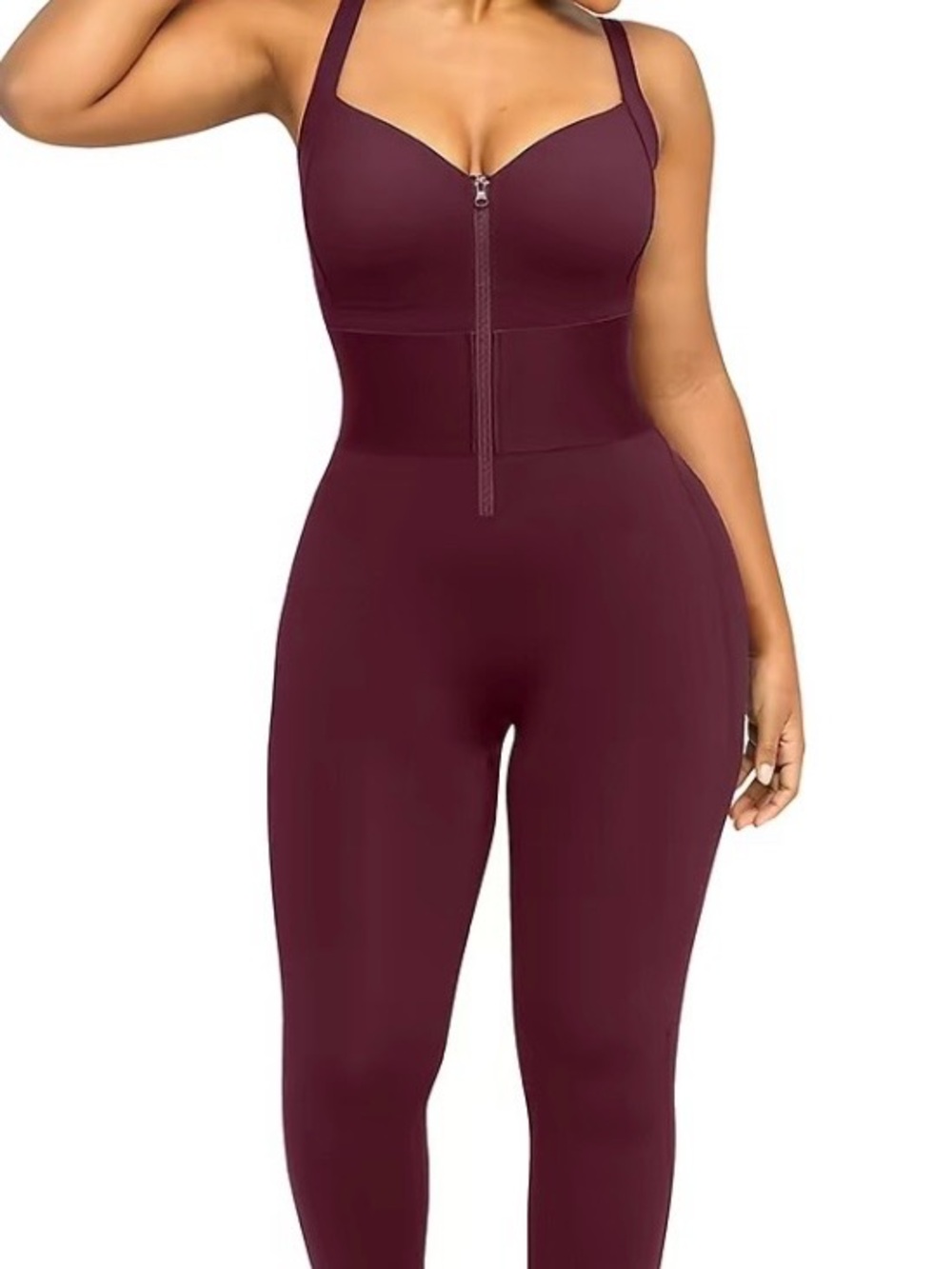 Women's High-Waist Zip-Front Sculpting Jumpsuit - Burgundy